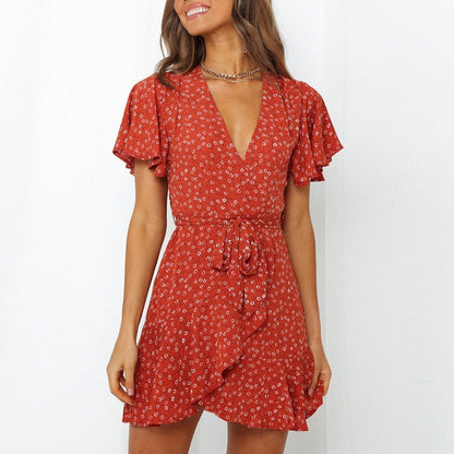 Summer Boho Print Women Sexy V Neck Holiday Beach A Line Short Sleeve Ruffles Bandage Mini Dress The Clothing Company Sydney