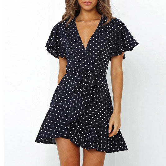 Summer Boho Print Women Sexy V Neck Holiday Beach A Line Short Sleeve Ruffles Bandage Mini Dress The Clothing Company Sydney