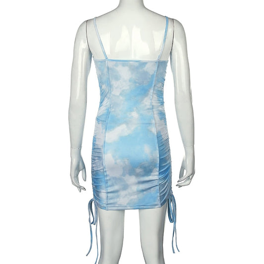 Spaghetti Strap Tie Dye Ruched Summer Drawstring Patchwork Bodycon Club Party Dress The Clothing Company Sydney