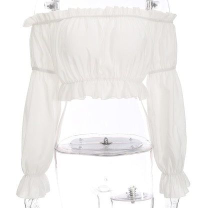 Fashion white chiffon blouse shirt off shoulder sexy crop tops ruffles pull sleeve top The Clothing Company Sydney