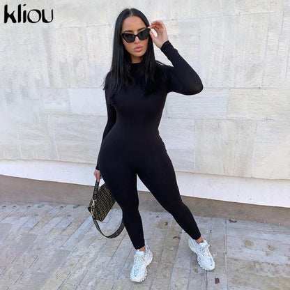 Solid black/gray long sleeve skiing  jumpsuit women elastic hight outfit fashion fitness sportwear slim rompers streetwear The Clothing Company Sydney