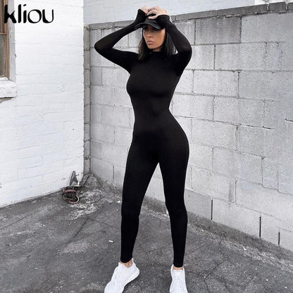 Solid black/gray long sleeve skiing  jumpsuit women elastic hight outfit fashion fitness sportwear slim rompers streetwear The Clothing Company Sydney