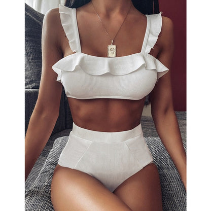 2 Piece Ruffle High Waist Swimwear Women Swimsuit Push Up Bikini Set Solid Bathing Suit Summer Beach Wear Swimming Suit The Clothing Company Sydney