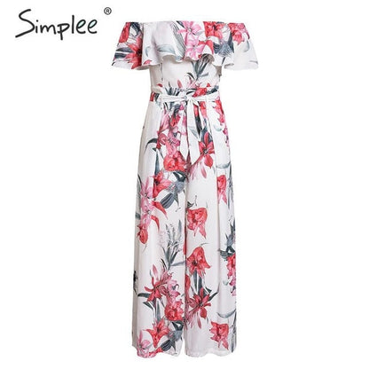 Bohemian floral print Elegant off shoulder sashes ladies long Summer ruffled playsuit Jumpsuit The Clothing Company Sydney