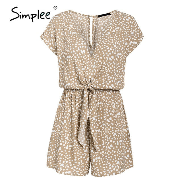 Boho Casual bow tie Short Sleeve Loose v neck leopard print overalls romper Playsuit The Clothing Company Sydney