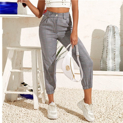 Grey Chain Detail Plaid Crop Spring Summer Mid Waist Buttoned Zipper Fly Trousers Carrot Pants The Clothing Company Sydney