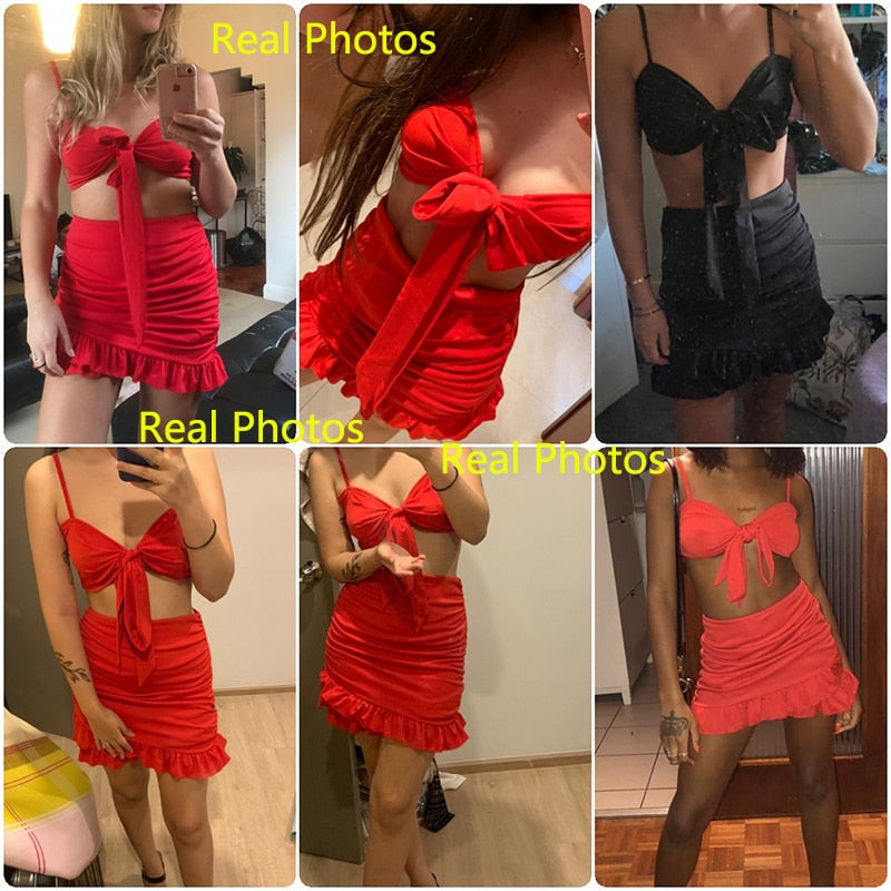 Two Pieces Set Women Ruffles Bow Casual Beach Summer Red Off Shoulder Sexy Club Bodycon Wrap Mini Party Dress The Clothing Company Sydney