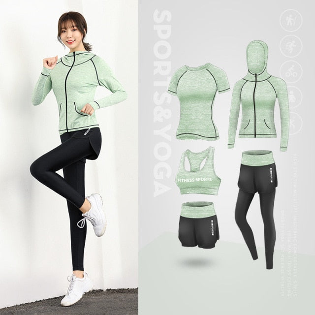 5 Piece Ladies Jogging Sets Sports Suit Yoga Wear Gym Fitness Outdoor  Running Training Workout Quick Dry Set