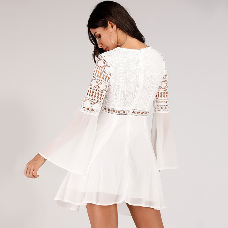 Mini V Neck Hollow Out Chiffon  Criss Cross Plunge Long Sleeve Crochet White Lace Dress The Clothing Company Sydney