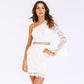 White Lace Hollow Out One Shoulder Elegant Dress Flare Sleeve Clubwear Short Club Party Dress The Clothing Company Sydney