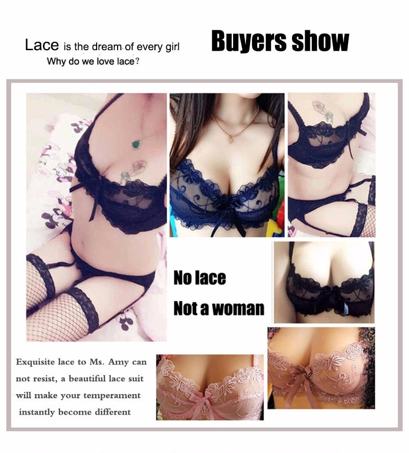 Fashion embroidery bras underwear women set plus size lingerie sexy C D cup  Ultrathin transparent bra panties lace bra set black