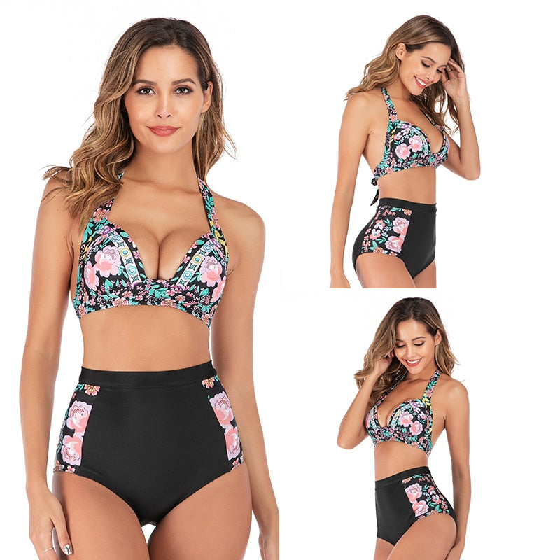 2 Piece High waist bikini set Halter bathing suit swimsuit Plus size bikini Floral print swimwear The Clothing Company Sydney