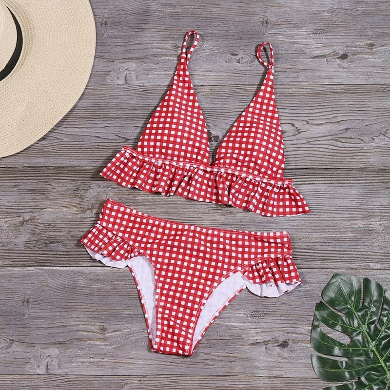 2 Piece Plaid Print Push Up Bikini  Summer Swim Suit Low Waist Swimsuit Ruffles Swimwear Women Bikini Set The Clothing Company Sydney