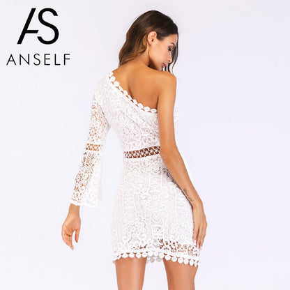 White Lace Hollow Out One Shoulder Elegant Dress Flare Sleeve Clubwear Short Club Party Dress The Clothing Company Sydney