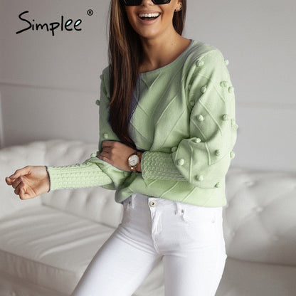 Elegant fur pompon sweater Autumn winter lantern sleeve knitted sweater Streetwear ladies green pullover Jumper The Clothing Company Sydney