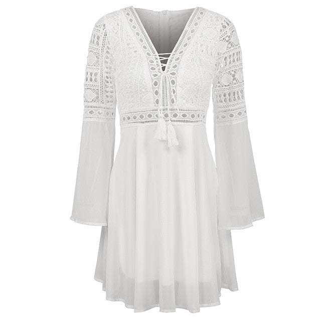 Mini V Neck Hollow Out Chiffon  Criss Cross Plunge Long Sleeve Crochet White Lace Dress The Clothing Company Sydney