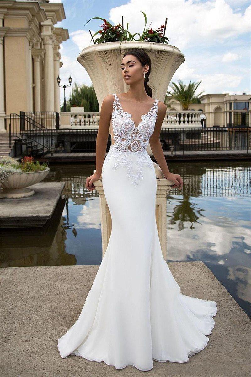 Beach White Lace Wedding Dresses Bridal Dress Illusion Back Simple