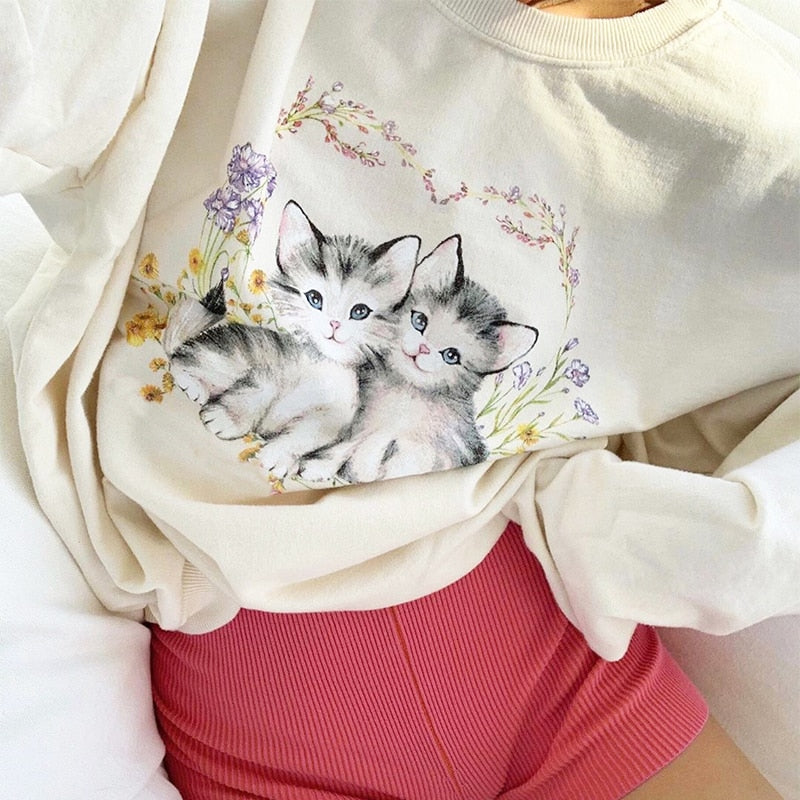 Cat Print Cute White Oversized Autumn Cute Long Sleeve Sweat Shirt Casual Loose Pullover Streetwear Sweatshirt The Clothing Company Sydney