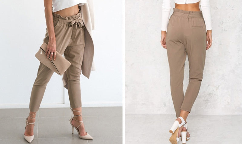 Chiffon khaki harem ladies summer casual Streetwear sash black elastic high waist pants The Clothing Company Sydney