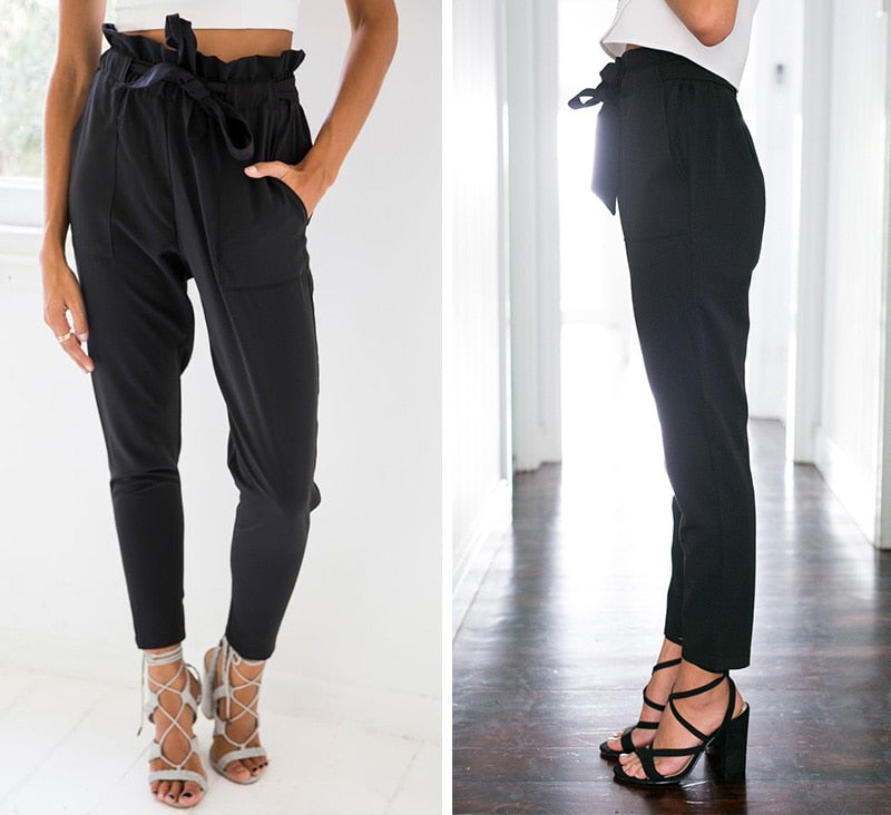 Chiffon khaki harem ladies summer casual Streetwear sash black elastic high waist pants The Clothing Company Sydney
