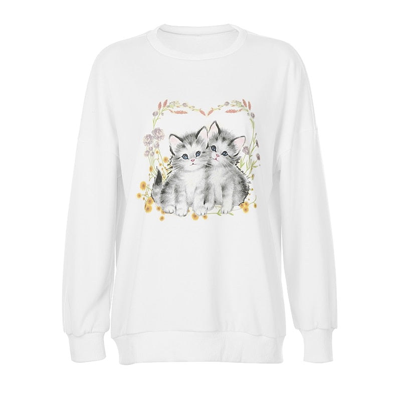 Cat Print Cute White Oversized Autumn Cute Long Sleeve Sweat Shirt Casual Loose Pullover Streetwear Sweatshirt The Clothing Company Sydney