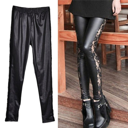 1pc black Sexy Splicing Lace Faux Leather Slim Fit Leggings Skinny Stretch Pants The Clothing Company Sydney