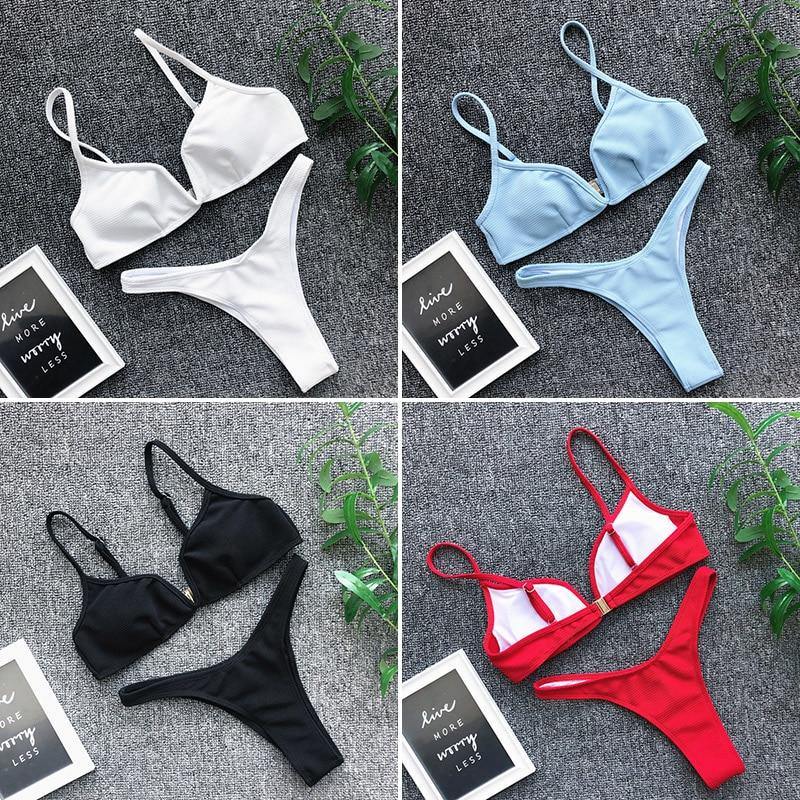 Solid V-neck Swimsuit Push Up Triangle Swimwear Summer Bandage Bathing Suit Brazilian Bikini Set The Clothing Company Sydney