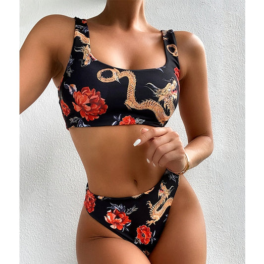 Bandeau high waist bikini Push up swimwear Dragon print sexy bikini set Retro swimsuit Bathing suit The Clothing Company Sydney