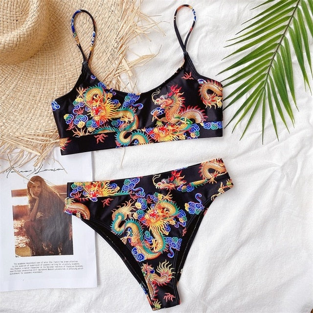 Bandeau high waist bikini Push up swimwear Dragon print sexy bikini set Retro swimsuit Bathing suit The Clothing Company Sydney