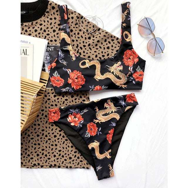 Bandeau high waist bikini Push up swimwear Dragon print sexy bikini set Retro swimsuit Bathing suit The Clothing Company Sydney