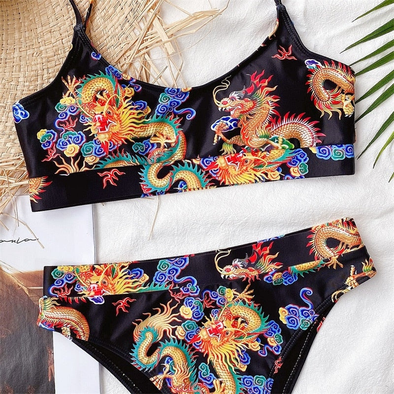 Bandeau high waist bikini Push up swimwear Dragon print sexy bikini set Retro swimsuit Bathing suit The Clothing Company Sydney