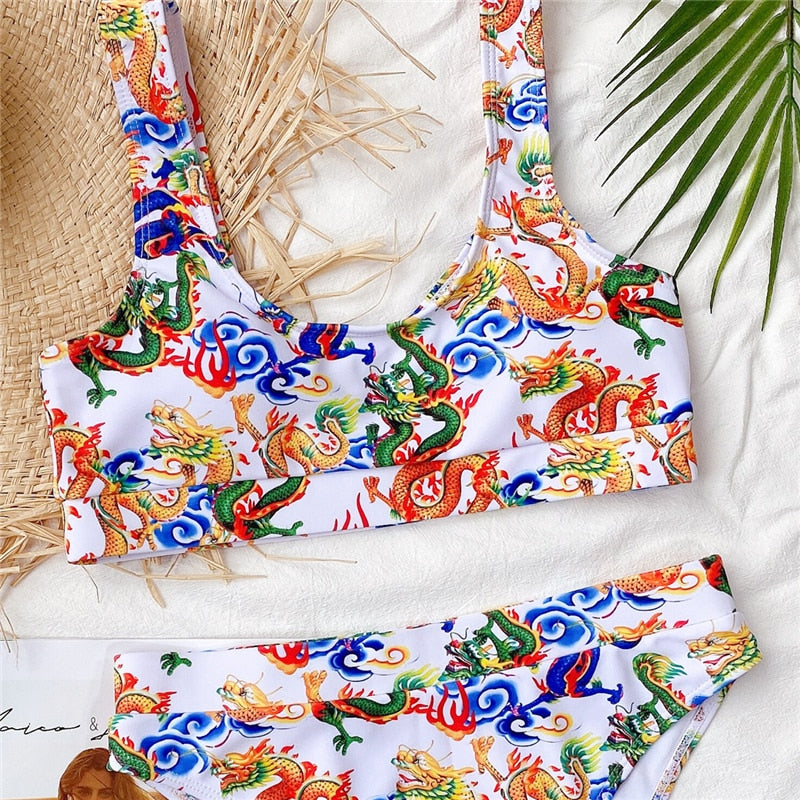 Bandeau high waist bikini Push up swimwear Dragon print sexy bikini set Retro swimsuit Bathing suit The Clothing Company Sydney