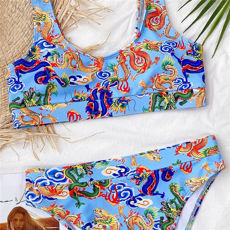 Bandeau high waist bikini Push up swimwear Dragon print sexy bikini set Retro swimsuit Bathing suit The Clothing Company Sydney