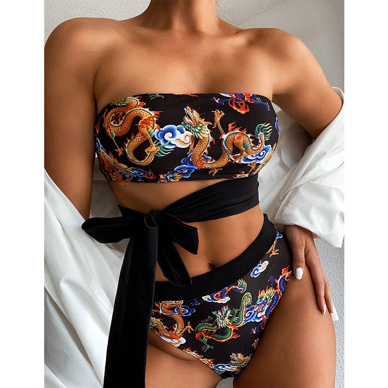 Bandeau high waist bikini Push up swimwear Dragon print sexy bikini set Retro swimsuit Bathing suit The Clothing Company Sydney