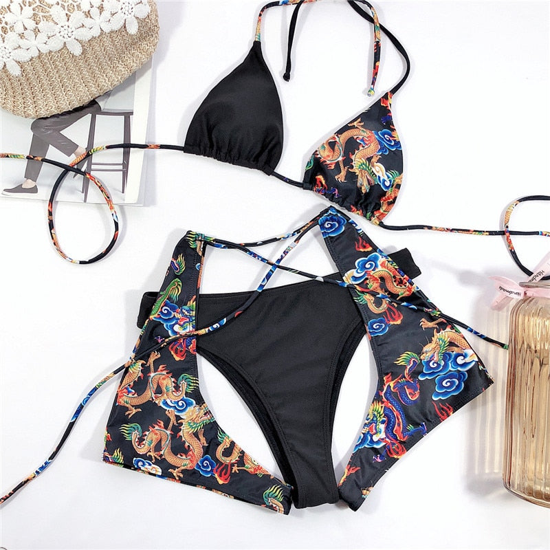 Bandeau high waist bikini Push up swimwear Dragon print sexy bikini set Retro swimsuit Bathing suit The Clothing Company Sydney