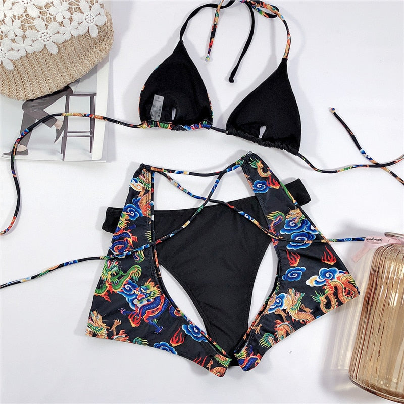 Bandeau high waist bikini Push up swimwear Dragon print sexy bikini set Retro swimsuit Bathing suit The Clothing Company Sydney