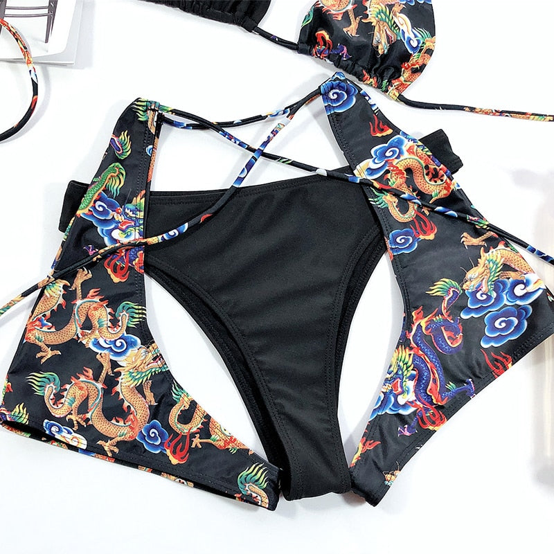 Bandeau high waist bikini Push up swimwear Dragon print sexy bikini set Retro swimsuit Bathing suit The Clothing Company Sydney