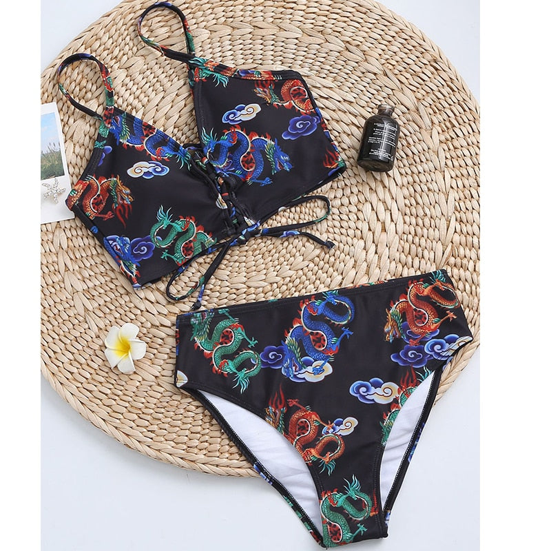 Bandeau high waist bikini Push up swimwear Dragon print sexy bikini set Retro swimsuit Bathing suit The Clothing Company Sydney