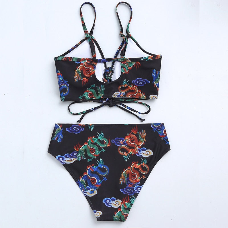 Bandeau high waist bikini Push up swimwear Dragon print sexy bikini set Retro swimsuit Bathing suit The Clothing Company Sydney