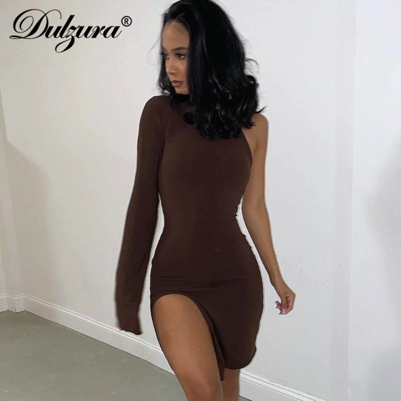 Solid mini one shoulder long sleeve turtleneck bodycon slit streetwear party elegant Dress The Clothing Company Sydney