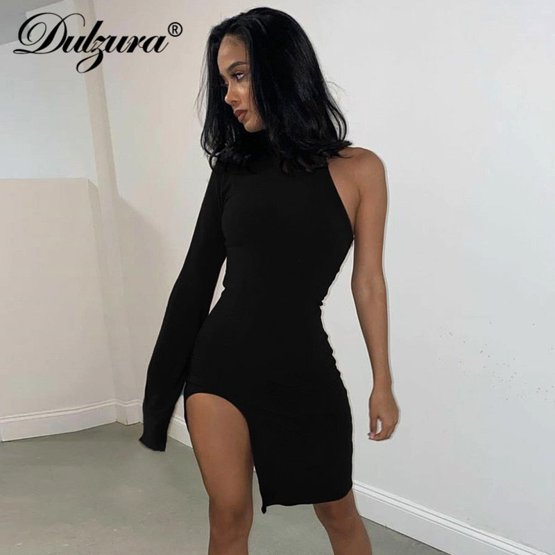 Solid mini one shoulder long sleeve turtleneck bodycon slit streetwear party elegant Dress The Clothing Company Sydney