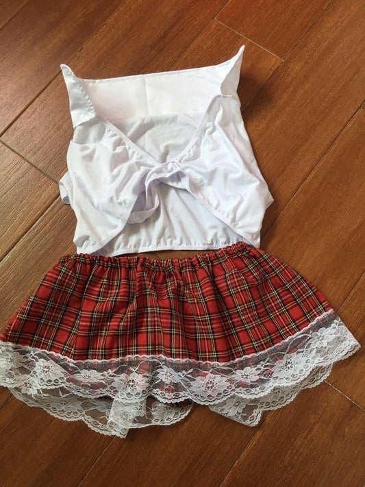 2 Piece Ladies Sexy Cosplay Lingerie Student Uniform Set White Crop Shirt Red Plaid Miniskirt Outfit Exotic Costumes The Clothing Company Sydney