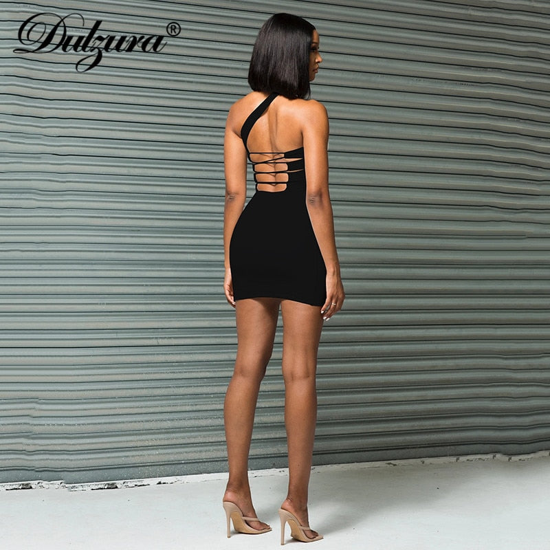 Lace Up Bandage Cross Slit Mini One Shoulder Sleeveless Bodycon Backless Streetwear Party Club Dress The Clothing Company Sydney