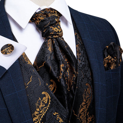 5 Piece Men Gold Paisley Silk Waistcoat Ascot Tie Pocket Square Necktie Ring Set Wedding Formal Dress Vests Set The Clothing Company Sydney