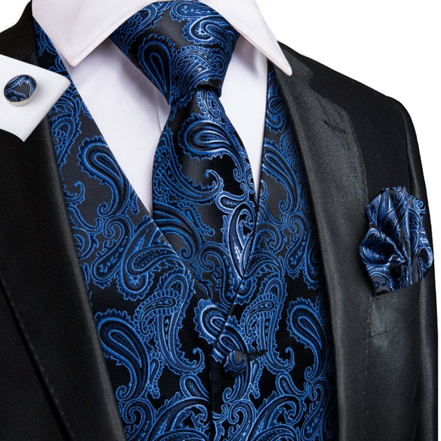4 Piece Silk Men's Blue Green Vest for men Suit Wedding Vintage Fashion Floral Formal Vest Paisley vest and Ties The Clothing Company Sydney