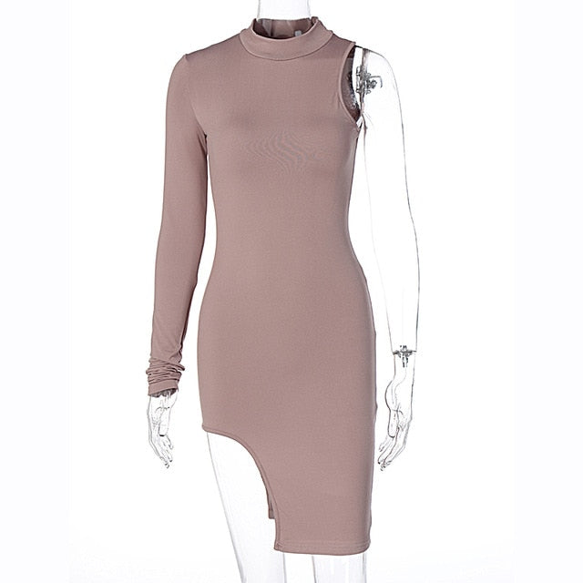 Solid mini one shoulder long sleeve turtleneck bodycon slit streetwear party elegant Dress The Clothing Company Sydney
