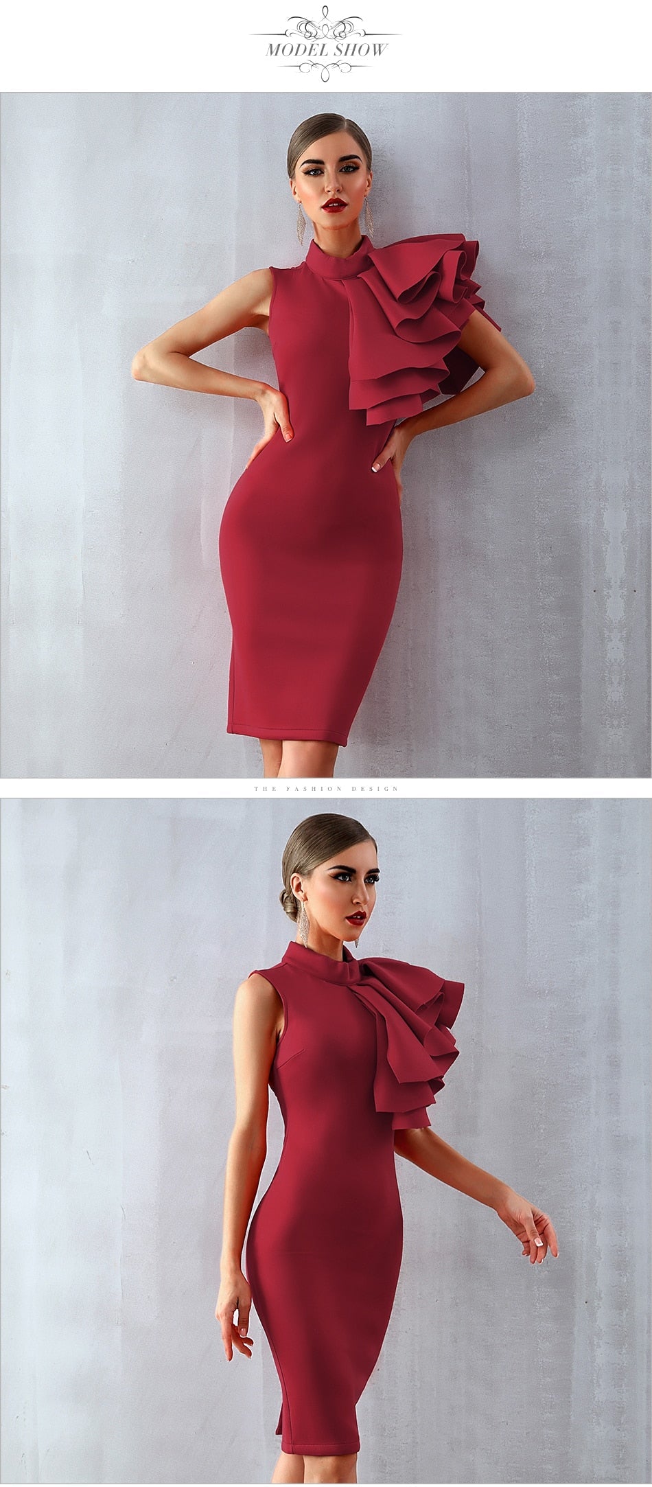 Wine Red Celebrity Evening Runway Party Sleeveless Ruffles Bodycon Midi Night Club Dress The Clothing Company Sydney