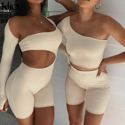 Solid Asymmetrical Two Piece One Shoulder Tracksuit Crop Tops+Elastic Bike Shorts Sporty Matching Suits Casual Outfit Set The Clothing Company Sydney