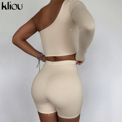 Solid Asymmetrical Two Piece One Shoulder Tracksuit Crop Tops+Elastic Bike Shorts Sporty Matching Suits Casual Outfit Set The Clothing Company Sydney