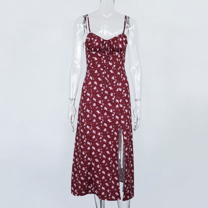 Wine Floral Dress Women Prairie Chic Spaghetti Strap Backless Chest Draped Lace Up Side Split Sexy Long Dress The Clothing Company Sydney
